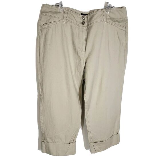 Larry Levine Womens Pants Size 12 Khaki Cropped Capri Cuffed Mid Rise Stretch - Picture 3 of 9